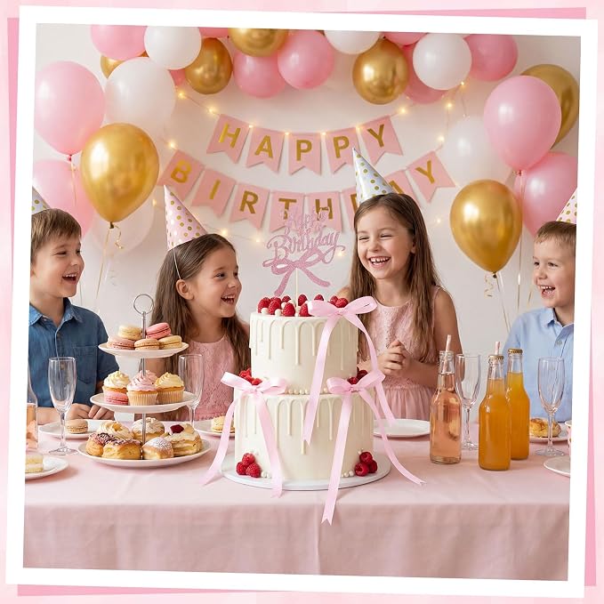 Bow Cake Toppers 18 PCS Pink Ribbon Bows for Cake with 1 PCS Happy Birthday Cakes Topper Coquette Themed Bow Birthday Decorations for Wedding, Bridal Shower, Baby Shower, Bachelorette