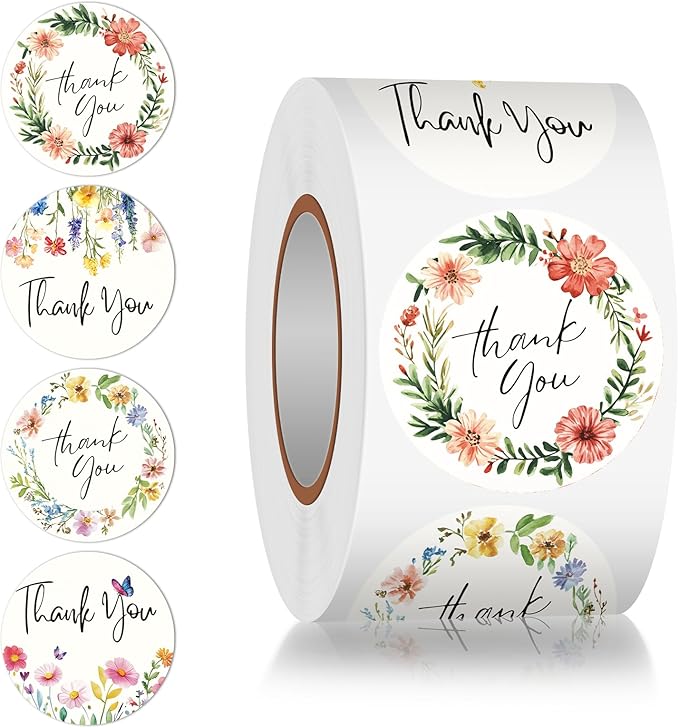 Louise Maelys 1.5" Thank You Stickers Roll - 500 PCS Flowers Stickers Labels with Floral Designs for Small Business, Bakery, Handmade Crafts, Envelopes (4 Repeating Patterns)