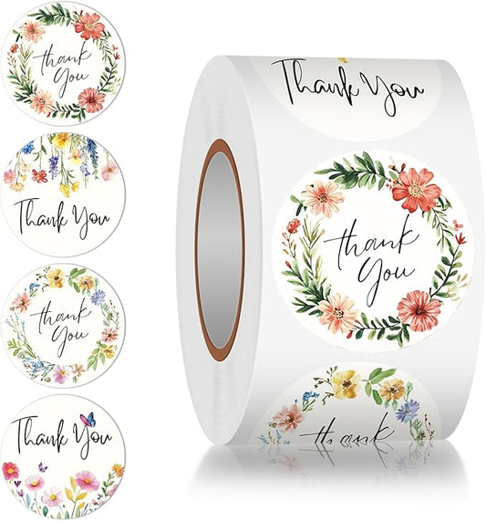 Louise Maelys 1.5" Thank You Stickers Roll - 500 PCS Flowers Stickers Labels with Floral Designs for Small Business, Bakery, Handmade Crafts, Envelopes (4 Repeating Patterns)