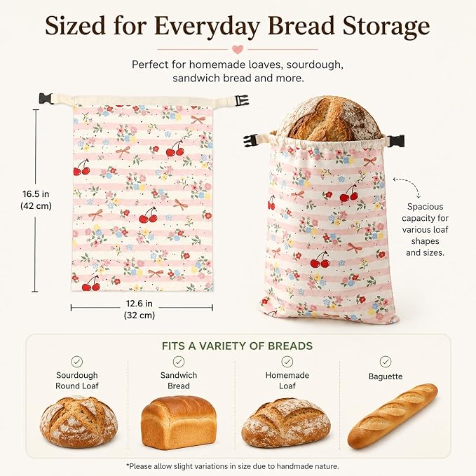 Bread Bags for Homemade, Natural Beeswax Bread Bag 2 Pack XL 13x17 Inch, Reusable Organic Cotton Linen Storage Bags, Beeswax Bread Bags for Sourdough, Keeps Bread Fresh Longer (Cherries)