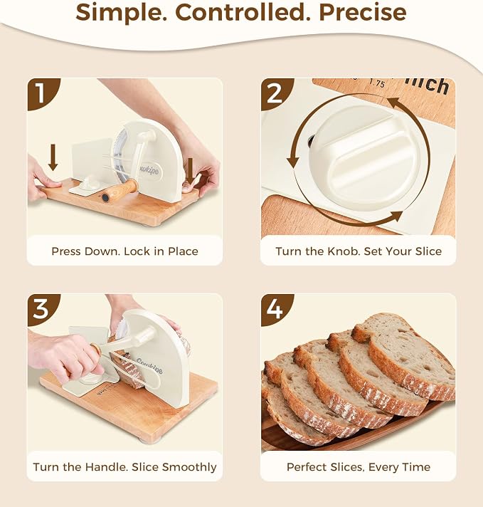 SOWKIPE Upgraded Manual Bread Slicer for Homemade Sourdough Bread, Adjustable Thickness Hand Crank Bread Cutter with Metal Guide, Scale Line, Even Slices, Suction Cups, Cover (Cream)