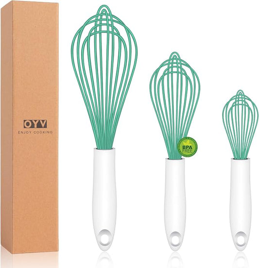 OYV Teal Silicone Whisk, Sealed Waterproof Design Set of 3, Professional Kitchen Whisks for Cooking Non-Scratch, Silicone&Stainless Steel Whisk, Heat Resistant 480°F Rubber wisk, BPA free