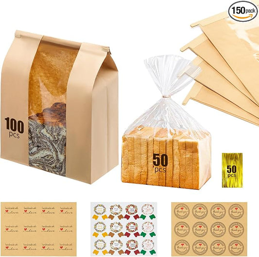 100 Pack14 x 8.3 x 3.5 inch Large Kraft Paper Bread Bags for Homemade Bread Sourdough Bags and 50pack 18 x 8 x 4 Inch Clear Bread Bags for Baked Food Packaging Storage (150)