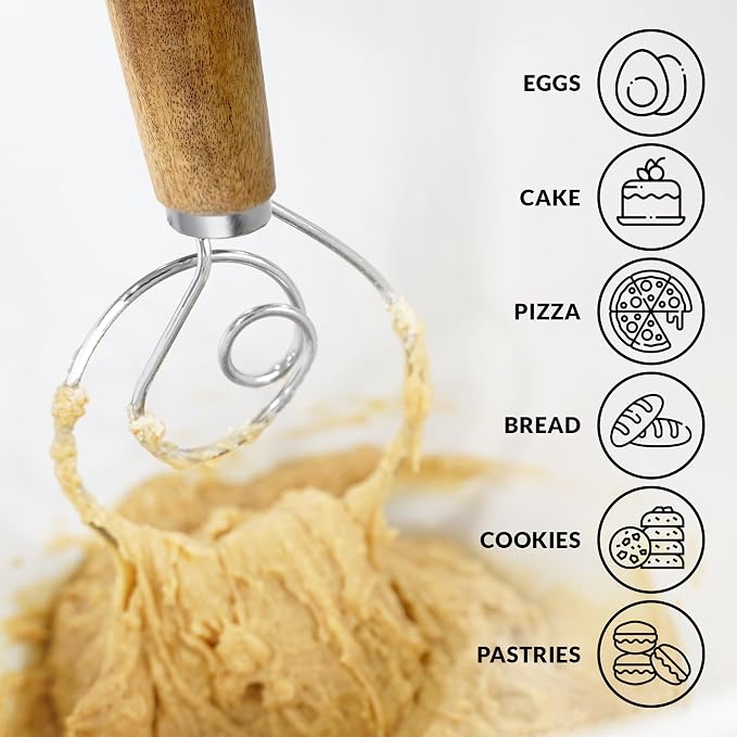 Zulay Kitchen 13-Inch Danish Dough Whisk - Stainless Steel Wooden Whisk with Dough Hook - Sourdough Whisk for Bread, Pizza, Pastry, Cake Batter & More - Acacia