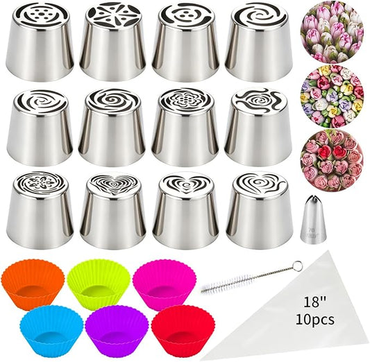 12Pcs Extra Large Russian Piping Tips Set, 304 Stainless Steel Icing Nozzles with 6 Pcs Silicone Cupcake,10 Pastry Bags,Cleaning Brush, Cake Decorating Tools for Cupcake, Cookie, Dessert
