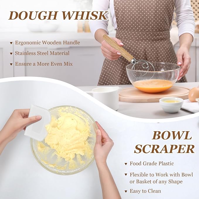 Sourdough Bread Baking Supplies, Sourdough Starter Kit, 2 9 Inch Round Banneton Bread Proofing Basket with 24 Oz Glass Jar, Sour Dough Tools with Danish Dough Whisk & Scraper
