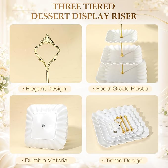 Hdama 3 Tier Cupcake Stand Tower, Dessert Serving Tray, White, 2 Pack | Dessert table display for birthday, baby shower, wedding, and tea party. Party decoration set.