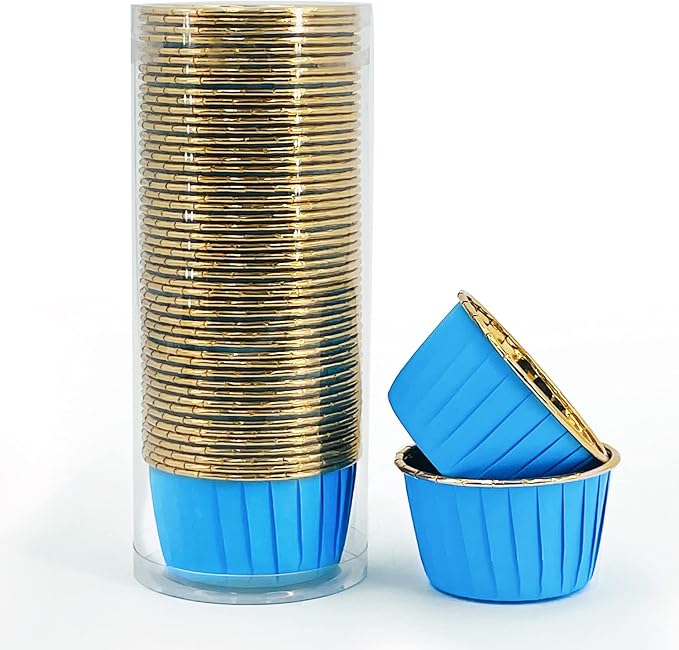 Party Hippo Cupcake Cups, 3.5 Oz 50 pcs Disposable Foil Muffin Liners, Gold Baking Cups, Ramekin Aluminum Cupcake Tip Pan Ramekin Holders, Little Baking Cups (50, Blue)