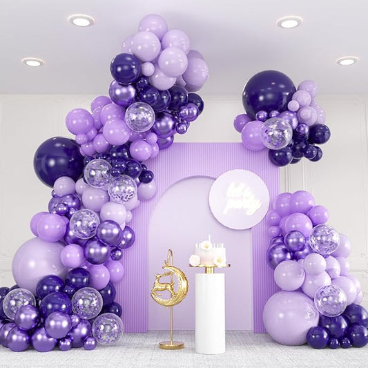 136-Pack Metallic Purple & Lavender Lilac Balloon Garland Kit - Chrome Purple, Dark/Light Purple Balloons with Confetti for Princess Birthday, Wedding, Baby Shower, Bachelorette Decor