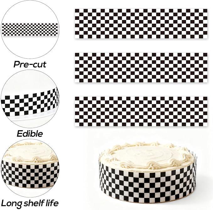 6pcs Edible Cake Borders, 28x6.2cm/11x2.44in Black White Checkered Race Car Theme Birthday Cake Decorations Pre-Cut Rice Wrap Paper Strips Decor for Racing Theme Image Party Kids Birthday