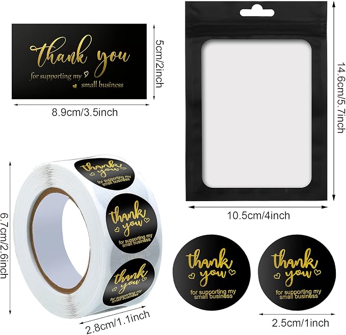 Outus 620 Pieces Thank You for Supporting My Small Business Cards and Stickers Set, Thank You Gold Foil Stickers with Resealable Packaging Bag for Business Owners Packaging Supplies (Black)