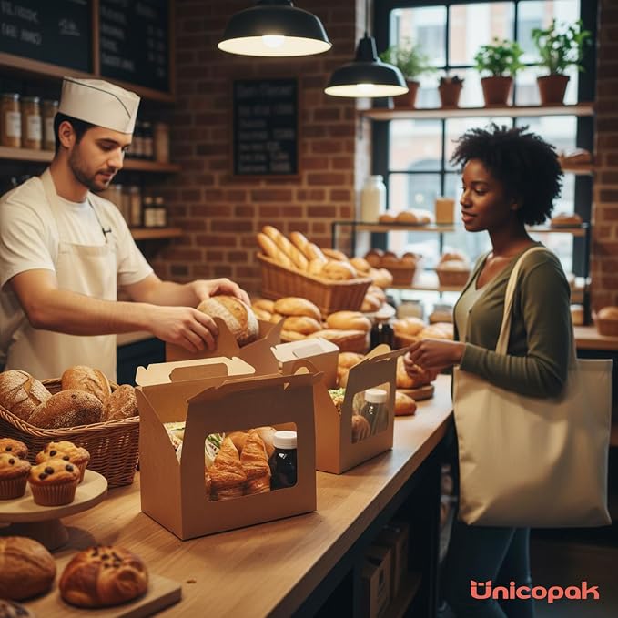 UnicoPak 30 Pack Brown Gable Bakery Boxes with Window 9x6x6, Food-grade Cardboard, Rustic Treat Boxes for Homemade Gifts, Lunch, Donuts, Bread, Large Gift Boxes with Handles for Favors