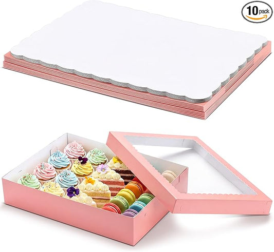 Sinload 10 Pcs 19x14x4 Inch Half Sheet Cake Boxes 5pcs Large Rectangle Bakery Boxes with 5pcs Cake Boards for Pastry Baking, Cupcakes, Donuts, Cookies, Pie Treat Packaging (Pink)