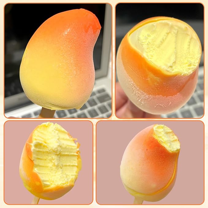 Juome Mango Shape Silicone Popsicle Molds - 4 Cavity 3D Mango Ice Cream Molds with 50 Wooden Sticks for Ice Pop, Cake Pop, Cakesicles, Fruit Pudding