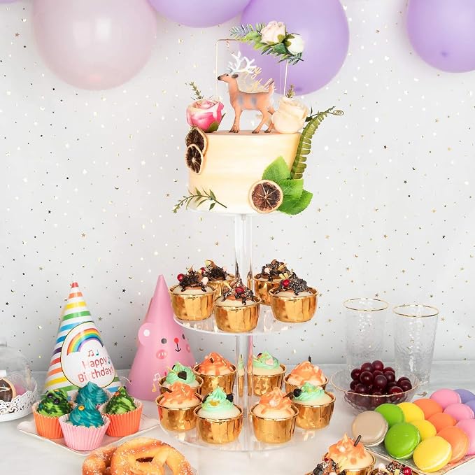 YestBuy 3 Tier Round Cupcake Stand, Acrylic Cake stand, Cupcake Tower Stand, Premium Cupcake Holder For 23 Cupcakes, Display for Pastry Wedding Birthday Party (4.7" between 2 layers)