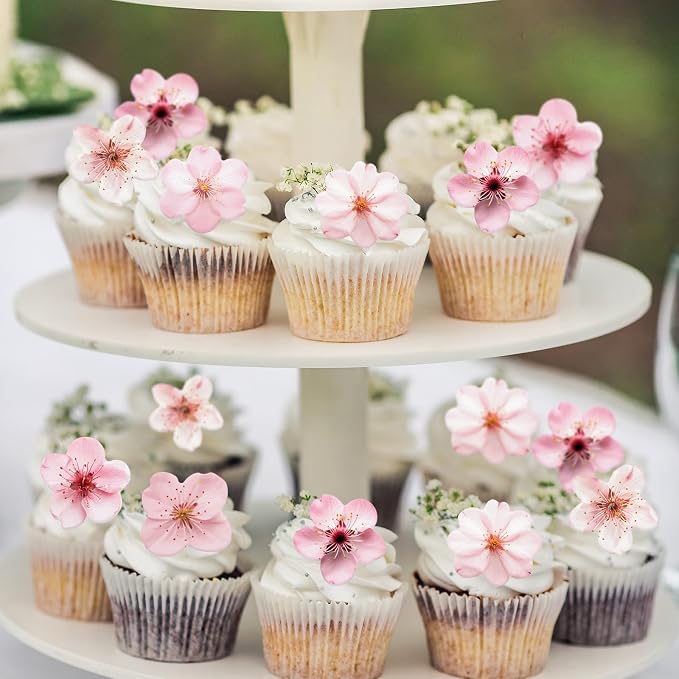 70PCS Edible Cherry Blossoms Cupcake Toppers Pink Edible Cherry Flowers Cake Decorations Wafer Paper Flowers Cupcake Topper for Flowers Theme Birthday Party Decor Supplies NOT REAL FLOWERS