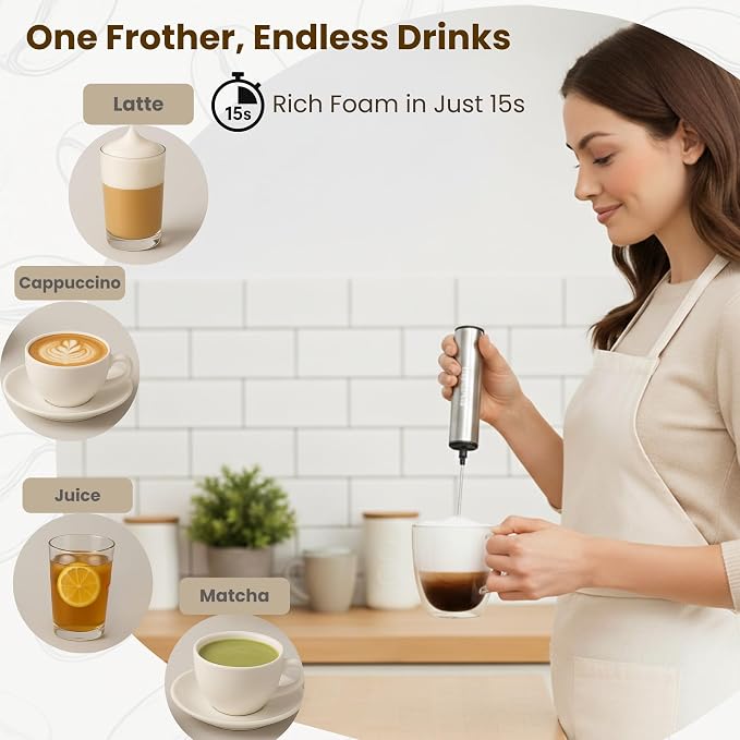 Micro Rechargeable Foamer| Handheld Battery Operated Milk Frother for Coffee| Travel Drink Mixer with Patent 2 Stainless Steel Whisk Heads| Keto Coffee, Latte, Cappuccino, Hot Chocolate| Silver
