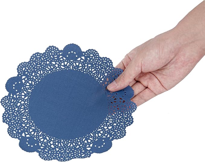 Restaurantware-Pastry Tek 8 x 8 Inch Paper Lace Doilies, 100 Disposable Table Doilies - Elegant Lace Finish, Long Lasting, Navy Blue Paper Placemat, for Pastries, Cupcakes, Desserts