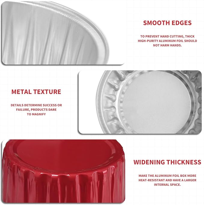 Valentine's Day 50Pcs Mini Aluminum Foil Cupcake Baking Cups,5oz Cake Pans Disposable,Mini Loaf Pans with Lids,Disposable Ramekins,Tin Cups Containers for Cupcake,Pudding,Muffin,Cheesecake(50, Red)