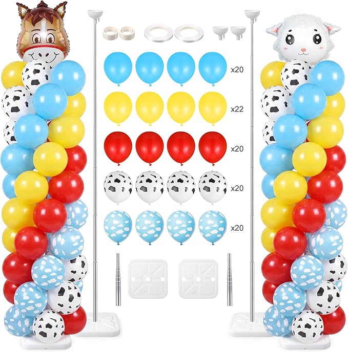 Skylety 2 Sets Farm Animal Balloon Column Stand Kit Adjustable Farm Red Yellow Blue Balloon Tower Stand with Bases for Barnyard Birthday Wedding Graduation Party Baby Shower Decorations Supplies
