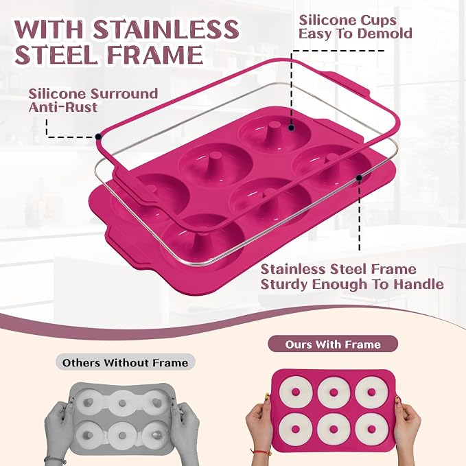 Nonstick Silicone Donut Pan: 3.5 Inch Doughnut Pans with Metal Frame - Silicone Donut Molds for Baking Gluten Free Glazed Vegan Protein Donuts Bagel - for Oven Kitchen - Home Bakers Housewife