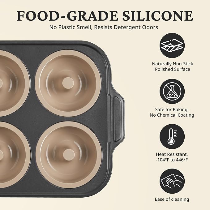BRONYPRO 2 Pack Silicone Donut Pan for Baking with Metal Reinforced Frame, 6-Cavity Nonstick Doughnut Mold, Large Donut Size, Food-Grade Bakeware, Oven Dishwasher Freezer Safe, Gray