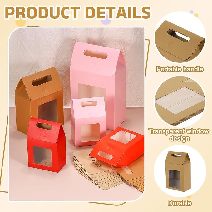 uxcell 8Pcs Gift Boxes, Favor Box with Clear Window and Handle, Stand Up Favor Treat Boxes for Candy, Cookies, Party Store, Packaging, Wedding, Light Brown