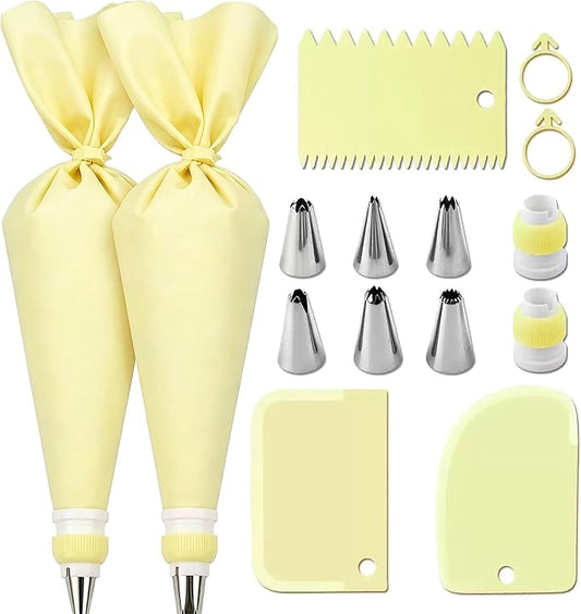 15 PCS Cake Decorating Supplies Set with 2 Reusable Superflex Piping Bags, 6 Stainless Steel Icing Tips, 3 Cake Scrapers, 2 Couplers and Ties for Beginners,Cream Yellow
