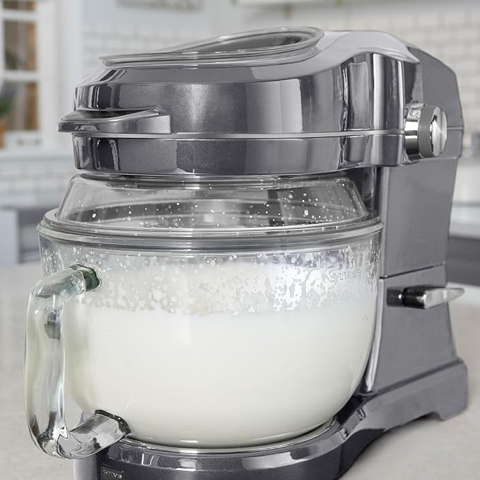 Kenmore Elite Ovation 5 Qt Stand Mixer, 500 Watts, with Revolutionary Pour-In Top, Tilt Head, Flat Beater, Whisk, Dough Hook, 360-degree Splash Guard, Glass Bowl, LED Light, Metallic Grey