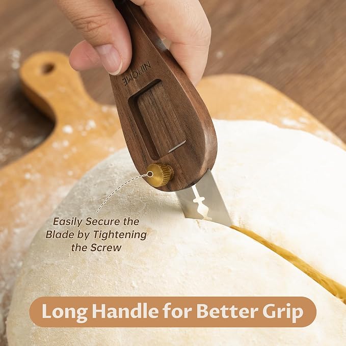 NiHome Bread Lame with Long Walnut Wood Handle for Scoring Bread and Slicing Dough, Safe Use with Push-Pull Locking Blade and Magnetic Back for Easy Storage, Ergonomic Grip for Precision Cutting