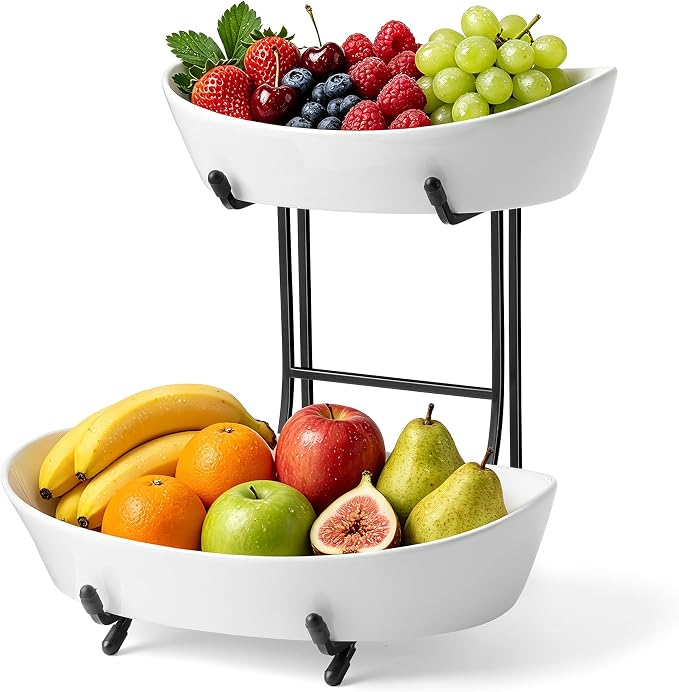 2 Tier Fruit Bowl for Kitchen Counter, Modern Black Ceramic Fruit Basket Stand, Small Space Saving Tiered Fruit Holder for Kitchen Organizer, White Porcelain Snack & Bread Display Serving Tray