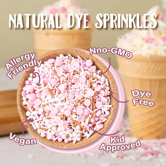 Dye Free Sprinkles Pink No Artificial Dyes Natural Confetti Pearl Sugar Gold Jimmies Valentines Sprinkles for Cake Decorations Baby Shower, Cookies, Fondant Cake, Dessert Toppings, 4.2oz