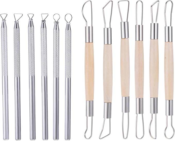 12PCS Double-Sided Clay Sculpting Tools, Wooden Handle Clay Carving Tools Clays Wire Loop Sculpture Set Clays Pottery Sculpting Tool Set for Ceramic, Carving Modeling