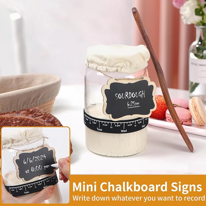 Kmise 2 Pack Sourdough Starter Jar Glass, 34 Oz Wide-mouth Sourdough Starter Jar Kit W/Acacia Spatula, Cholkboard Sign, Thermometer, Feeding Band, cloth cover,Reusable Sourdough Bread Baking Supplies