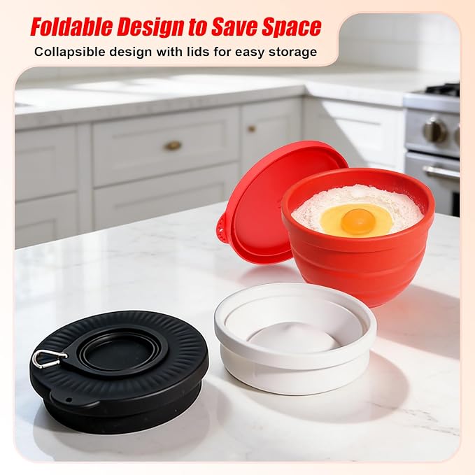 Foldable Silicone Liners for 5 Qt KitchenAid Tilt-Head Stand Mixer(Only), Odourless,Thicker, Cold/Heat-Resistant & Non-Stick, Easy Clean, Set of 3 with Lids, 1Splash-proof Bowl Lid