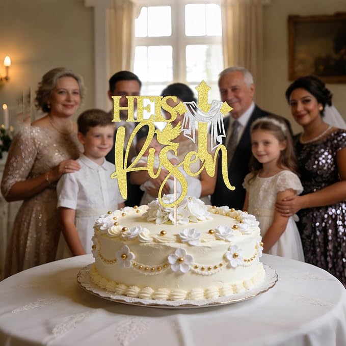 Gold Glitter He is Risen Cake Topper,First Holy Communion Baptism Cake/God Bless Cake Decorations/Jesus Happy Easter Theme Party Cake Decorations
