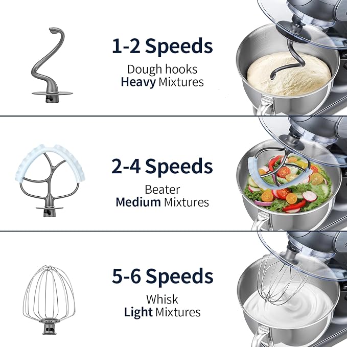 Stand Mixer, 6 QT 600W Tilt-Head Dough Mixer, 6+P speed Mixers Kitchen Electric Stand Mixer with Stainless Steel Bowl, Dishwasher-Safe Dough Hook, Flat Beater, Wire Whisk, Splash Guard, Grey