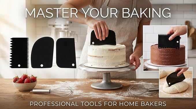 Cake Decorating Scraper Set, 6 Piece Plastic Icing Smoother Tools, Serrated and Flat Edge Dough Scrapers for Baking, Pastry, Bread, Pizza, 2.95-4.81 Inch (black)