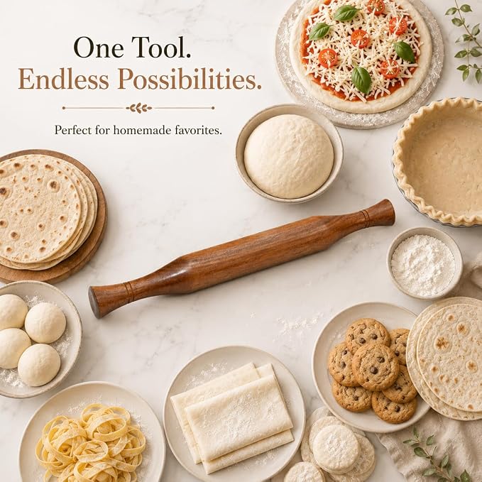 Wooden Rolling Pin With Ergonomic Handles for Baking & Pastry Kitchen Tool 14 inch, Natural Wood Dough Roller for Pizza, Pie, Cookies & Roti (Brown)