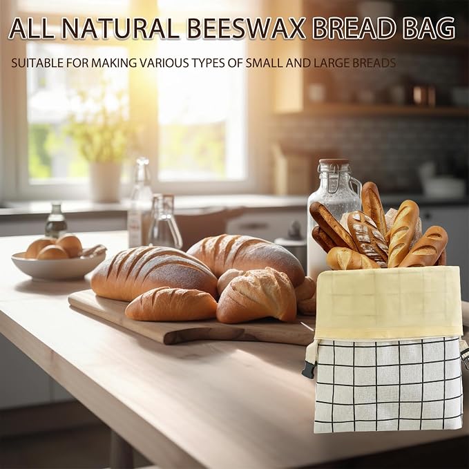 LURKA Beeswax Bread Bags, Reusable Cotton Linen Storage Bags for Sourdough, Extra Large, 2 Pack (White Plaid)