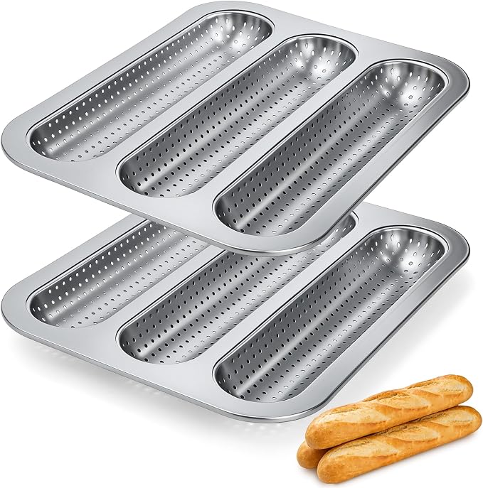 ZOOFOX 2 Pack Nonstick Perforated Baguette Pan, 3-Slot French Bread Baking Pan, Carbon Steel Baguette Tray for Professional and Home Baker, Sourdough, Italian Bread Baking