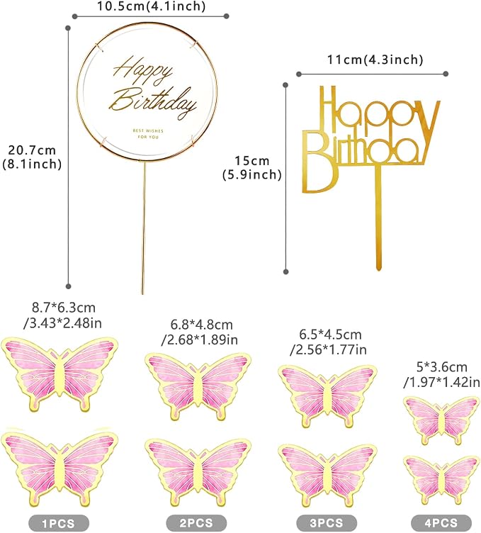 22-Pieces Butterfly Cake Decorations With Happy Birthday Acrylic Cake Toppers for Baby Shower Wedding Birthday Party Decor (Pink)