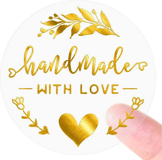 100 Handmade with Love Stickers, Clear Gold Foil Labels for Small Business Packaging, Bakery Boxes, Gift Bags, Cookies, Handmade Crafts & Customer Orders, 1.6 Inch Round