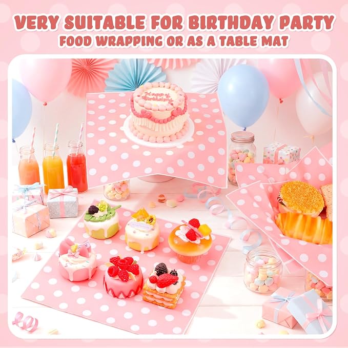Gersoniel 150pcs Wax Paper Sheet for Food Dot Printed Bakery Tissue Greaseproof Disposable Wrapping Paper for Sandwich Food Picnic Baskets Liner Wedding Birthday Party Supplies(Pink,12x12'')