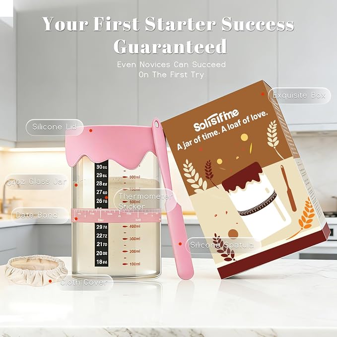 Pink Sourdough Starter Kit – 34 Oz Glass Jar With Lid, Cloth Cover, Date Band, Temp Strip – Sourdough Bread Baking Supplies, Glass Container, Pink