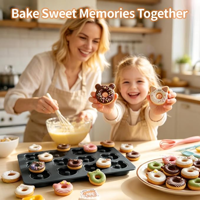 Donut Pans, 2" Non-Stick Cat & Bear-Shaped Donut Mold Cake Pan, 12 Cup Carbon Steel Doughnut Pan for Home Baking