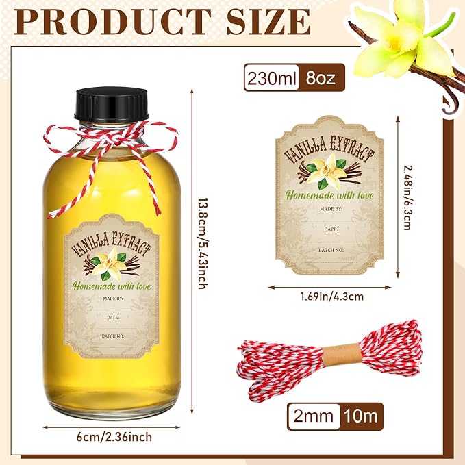 Uiifan 8 Pcs 8 oz Vanilla Extract Bottles Boston Round Bottles with Caps Glass Bottle and 8 Pcs Vanilla Extract Labels Stickers for Syrup Gift Glass Food Storage Canister Set Sauce Beans