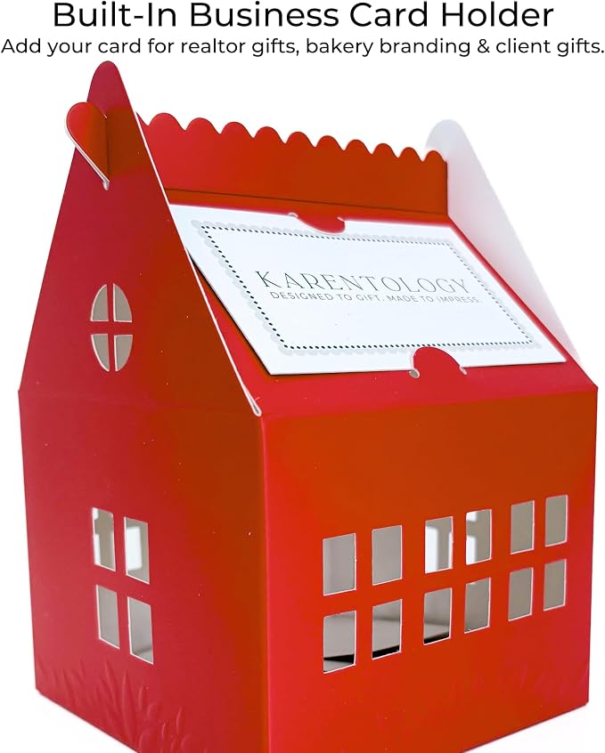 30 Pcs Cottage House Cookie Boxes with Window & Business Card Holder, Red, 4 x 4 x 6 in Bakery Gift Boxes for Treats, Desserts, Party Favors & Realtor Pop By Gifts