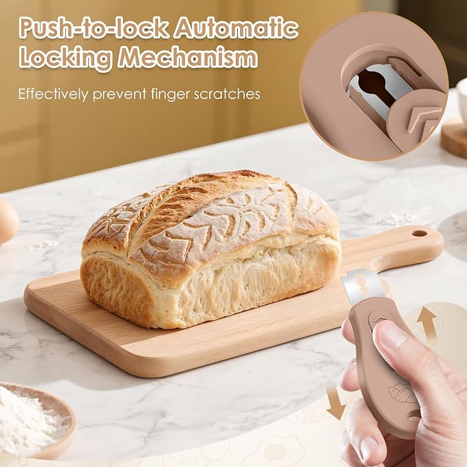 Bread Lame Sourdough Scoring Tool, Extractable & Magnetic Bread Scoring Tool, Scoring Knife for Bread Baking, Bread Razor for Homemade Bread, Sourdough Scorer Tool, Includes 5 Razor Blades-Brown