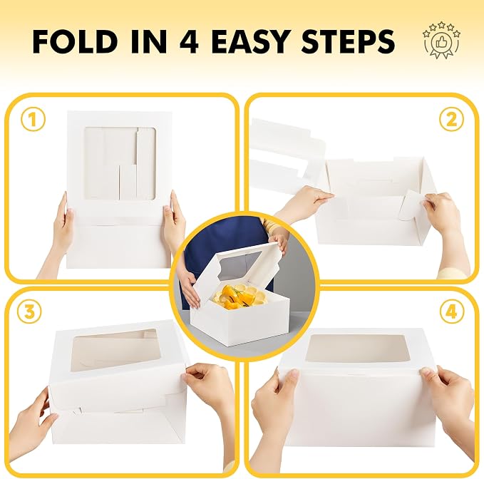 RACETOP 32pcs Cake Boxes with Window, 10x10x5 Inches White Bakery Boxes, Cookie Dessert Boxes, Pastry Box, Square Cardboard Cake Box for Cake, Birthday Party, Donuts, Wedding